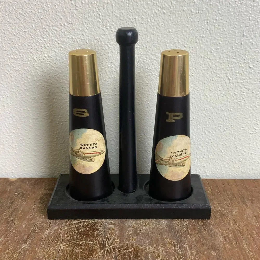 Mid Century Modern 3 PC Black Gold Wichita Kansas Salt Pepper Shakers Souvenir